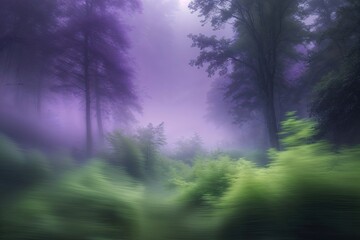 Dreamy Blurred Forest Landscape with Vibrant Green Foliage and Mystical Purple Mist Transition