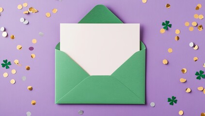 A photo from directly above of Saint Patrick's Day decorations, including confetti in the shape of shamrocks and an open green envelope with a paper sheet, on a background that is pastel lilac and