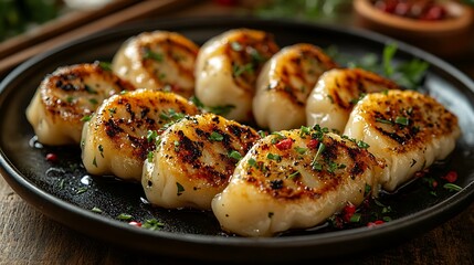 Tasty dumplings glowing with rich color served on a dark plate with herbal garnishes