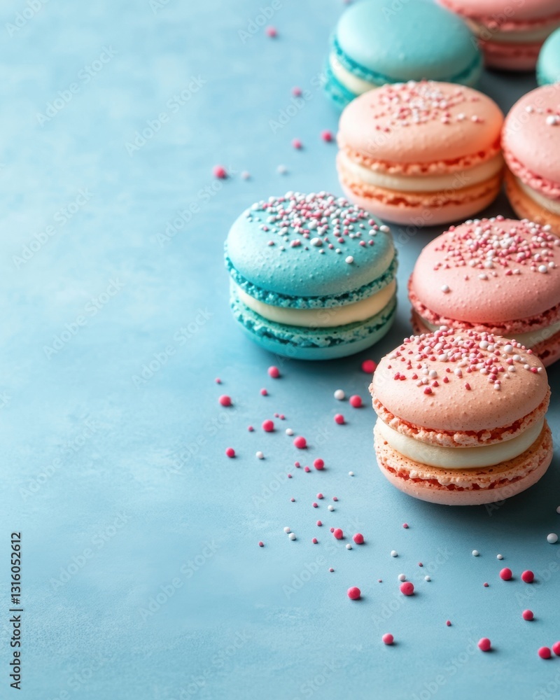 Poster delightful pastel macarons on a serene blue surface creating a sweet and visually appealing composit