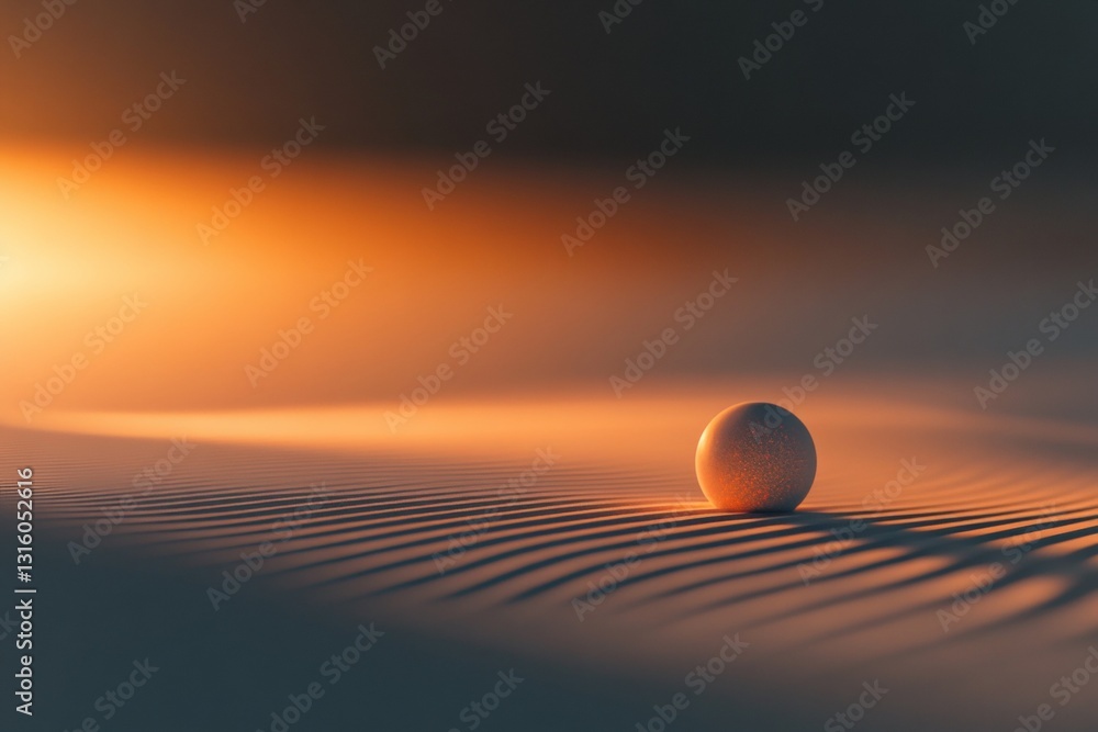 Aufkleber a tranquil scene featuring a smooth sphere resting on a sand surface, illuminated by warm light. sof