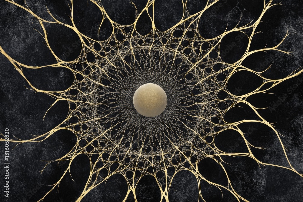 Poster this stunning abstract design features intricate golden arcs radiating from a central sphere against