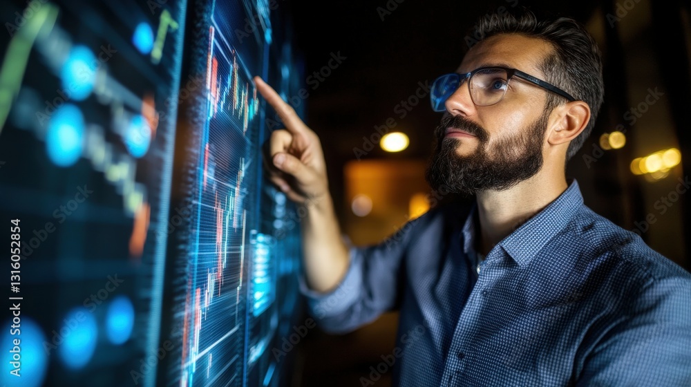 Poster focused businessman analyzing data on a large digital screen at night. he's examining financial char