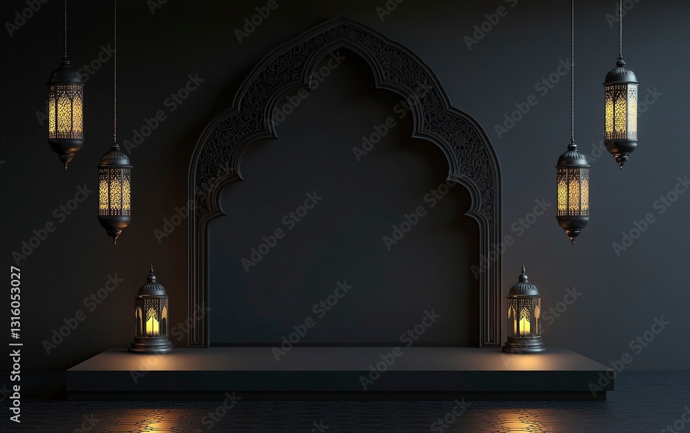 Poster 3d rendering of a podium with a mosque arch and hanging lanterns for a ramadan islamic background de