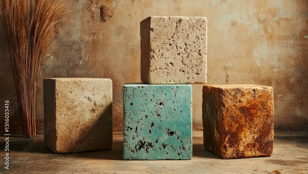 Poster the minimalist setup includes a product on a podium, three stones, and a generous amount of space fo
