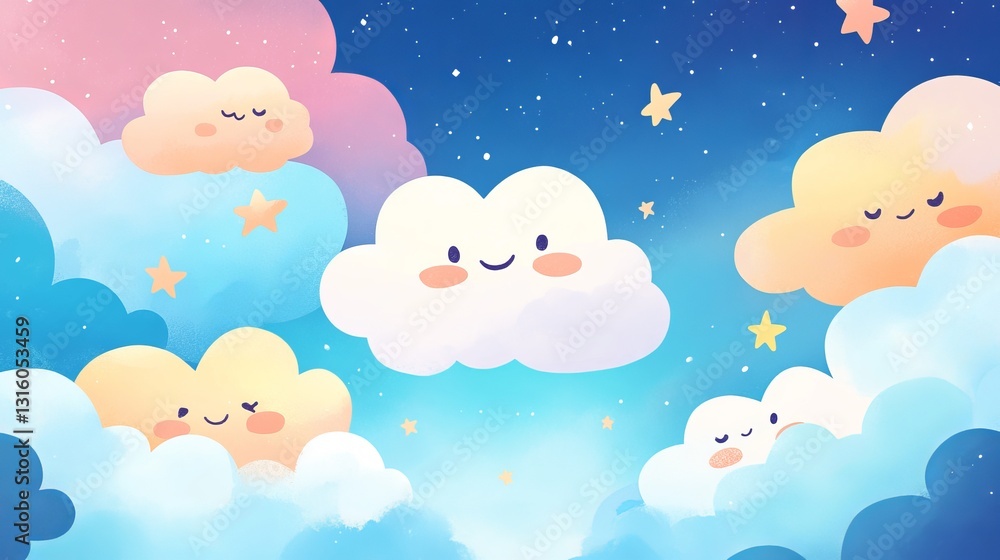 Poster a cartoon drawing of a group of clouds with stars in the background. the clouds are smiling and appe