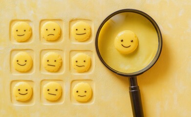 Close Up View Of A Magnifying Glass Focusing On A Single Happy Smiley Face Amidst Other Smiley Faces With Varied Expressions Arranged In A Grid Pattern On A Pastel Yellow Background Ideal For