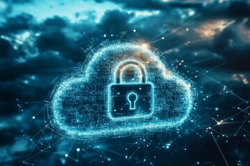 This image illustrates a digital cloud security concept featuring a lock icon amidst network connections, depicting modern technology and data protection.
