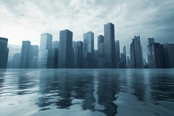Fototapeta premium A captivating view of a city skyline partially submerged in water, showcasing skyscrapers emerging from fog. The scene emphasizes environmental change and urban beauty.