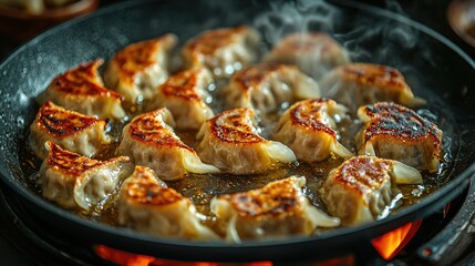 Delicious dumplings frying in a pan, golden brown, steam rising, ready to eat