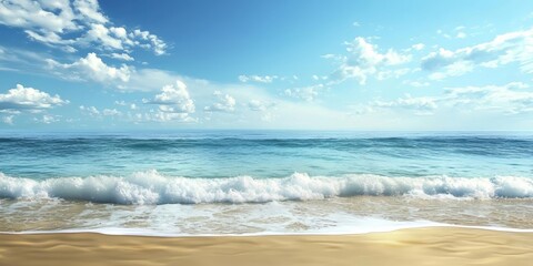 Fototapeta premium Serene Beach, Ocean Waves, Blue Sky, Clouds: A Coastal Paradise