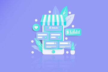 Naklejka premium Mobile phone online store app, purple background, sales chart