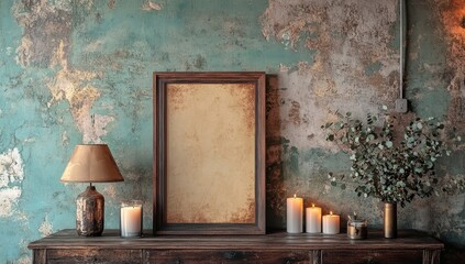 From a bird's-eye perspective, a photo displays a wooden picture frame, candles, eucalyptus, and a white marble base with empty space