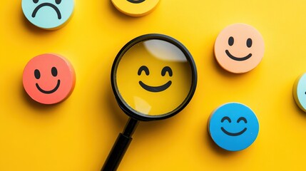 Customer review satisfaction feedback survey concept to gather insights and improve its services. A magnifying glass focuses on smile face among different feedback emoticons on yellow background 
