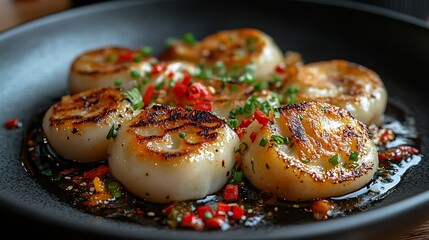 Artful dumplings with a golden crisp served beautifully on a deep black plate