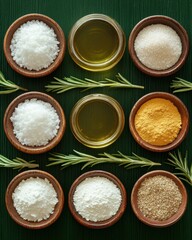Culinary Still Life of Spices and Herbs in Wooden Bowls on Green Background Overhead View Food Photography