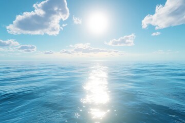 Obraz premium A stunning view of a serene ocean under a bright blue sky filled with soft clouds. The sunlight reflects beautifully on the water, creating a tranquil atmosphere.