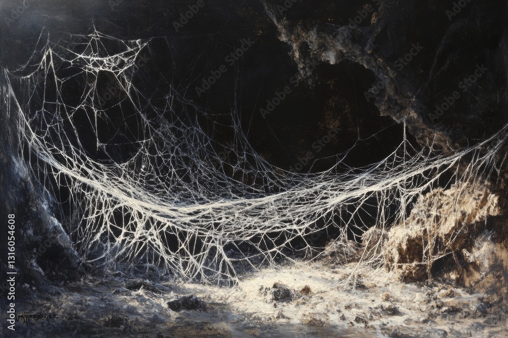 Poster a captivating web hangs in a dark space, illuminated by soft light, creating an eerie, enchanting at