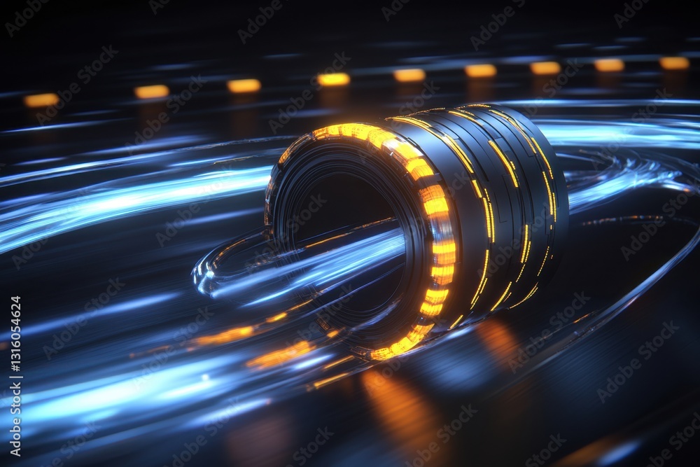 Poster futuristic glowing ring with blue light trails a dynamic abstract composition for tech and innovatio