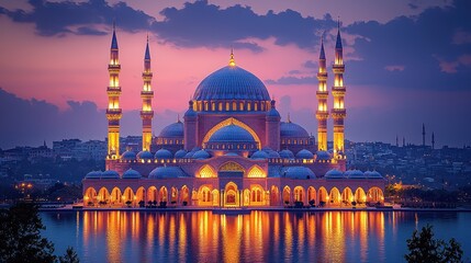 Naklejka premium A large mosque glows beautifully at sunset, reflecting softly on the water