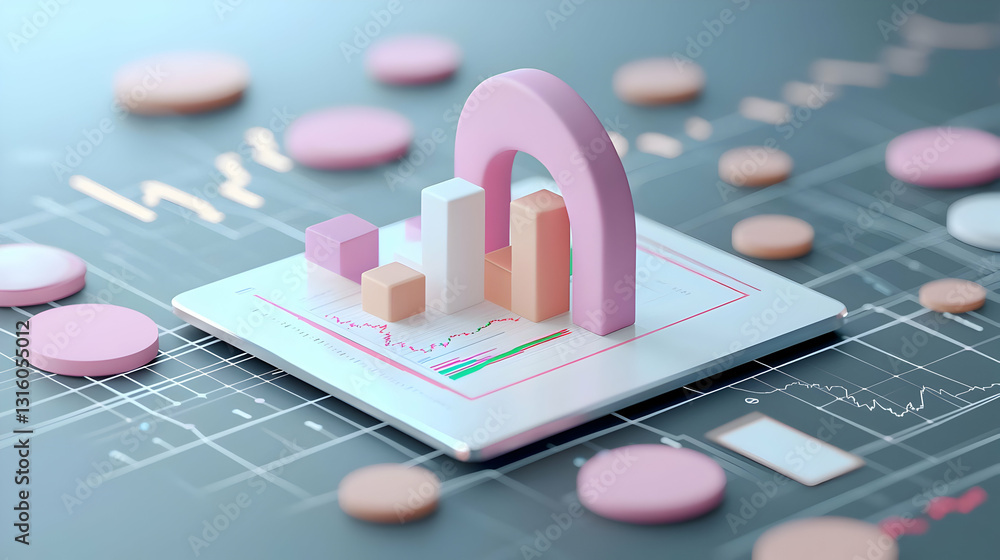 Aufkleber 3d render of pink and white bar graph on white platform with scattered pink circles and digital grid