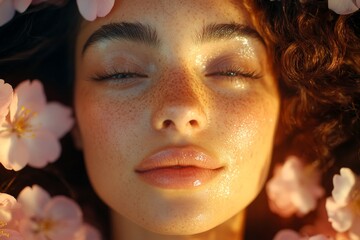 Obraz premium Commercial promotion creative. Attractive asian young woman surrounded by cherry blossoms. Spring mood, golden hour in sunset. Woman posing in spring blossoms. Joyful woman in spring garden.