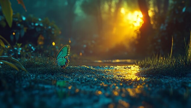 Dew droplets cling to the green grass of a meadow field, where a butterfly flutters about, basking in the radiant morning light, and epitomizing the crisp and untainted charm of spring and summer