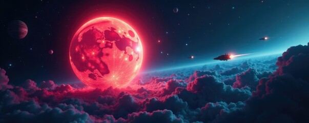 Obraz premium Hypnotic sphere glowing in darkness of space with ships passing by, futuristic, space, sphere