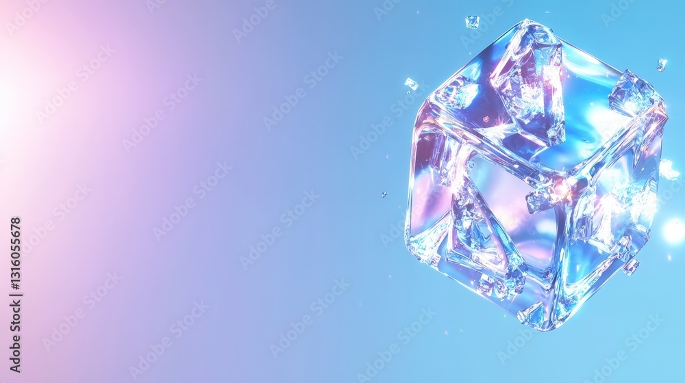 Poster iridescent 3d ice cube shimmering crystal abstract background cool colors frozen gla