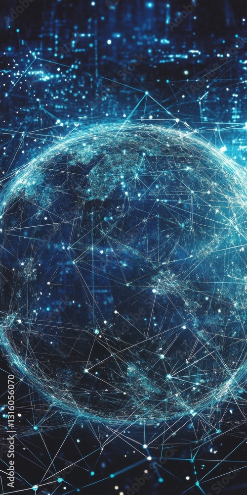Poster dynamic abstract visualization of a glowing sphere in a digital network with futuristic elements