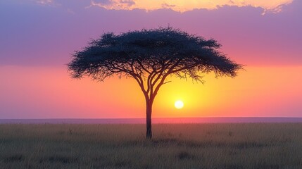 Fototapeta premium Silhouette of a tree during sunset with grassland. Bright skies of orange, pink, purple, and yellow