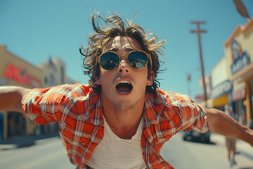 Aufgeregter junger Mann mit Sonnenbrille schreit in belebter Stadtstraße  
