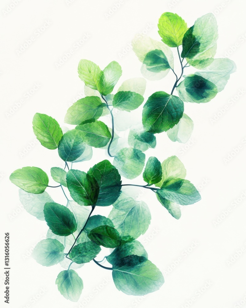 Poster fresh mint leaves on white background creating a soothing and refreshing visual with a delicate bota
