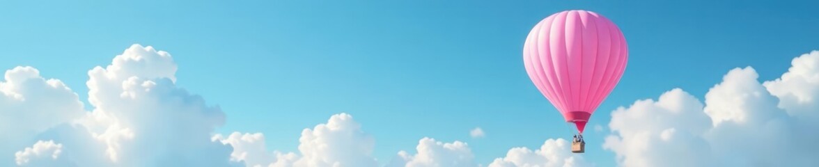 Fototapeta premium Pink hot air balloon rises high in the clear blue sky with fluffy white clouds, airy, cloud