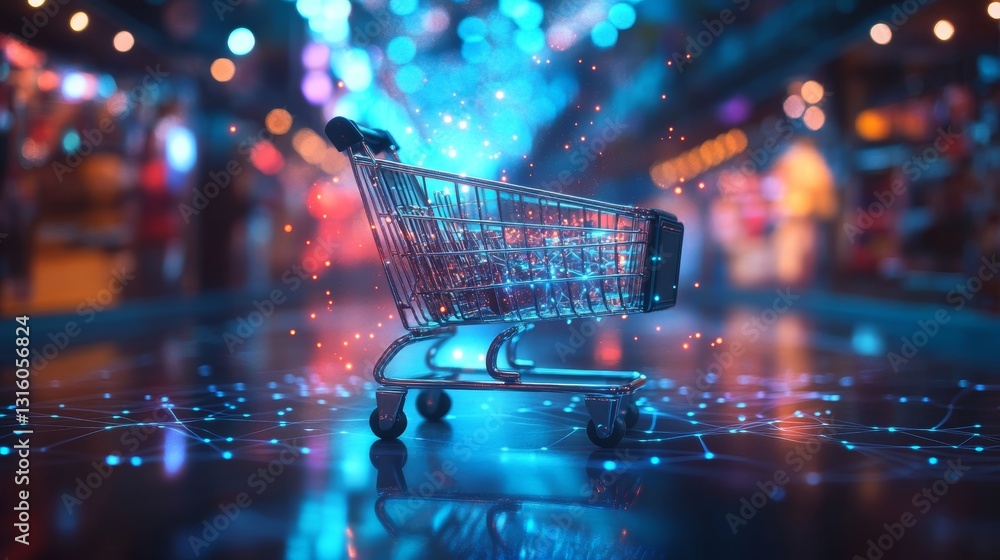 Poster a shopping cart is floating in the air with a bright blue background. the cart is surrounded by a gl