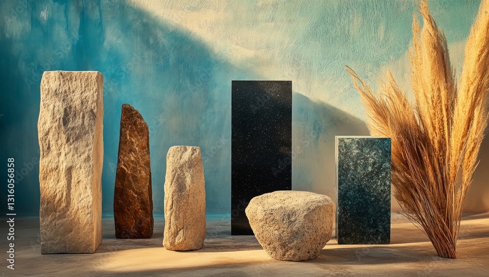 Poster the product is showcased on a minimalist podium in a scene with three stones and ample copy space