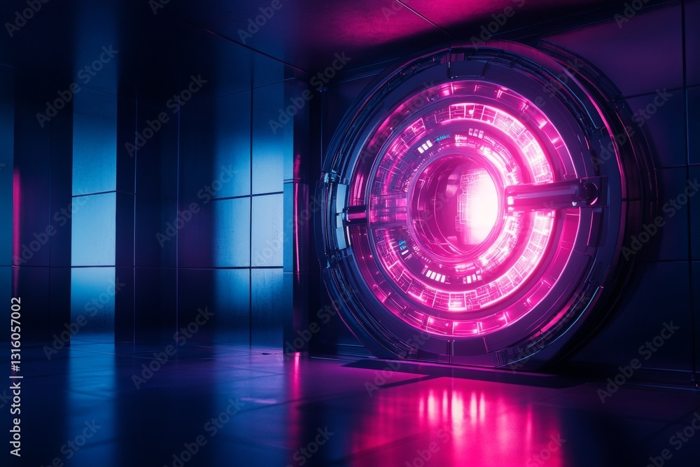 Poster futuristic abstract digital interface with neon glowing circular patterns in a dark environment