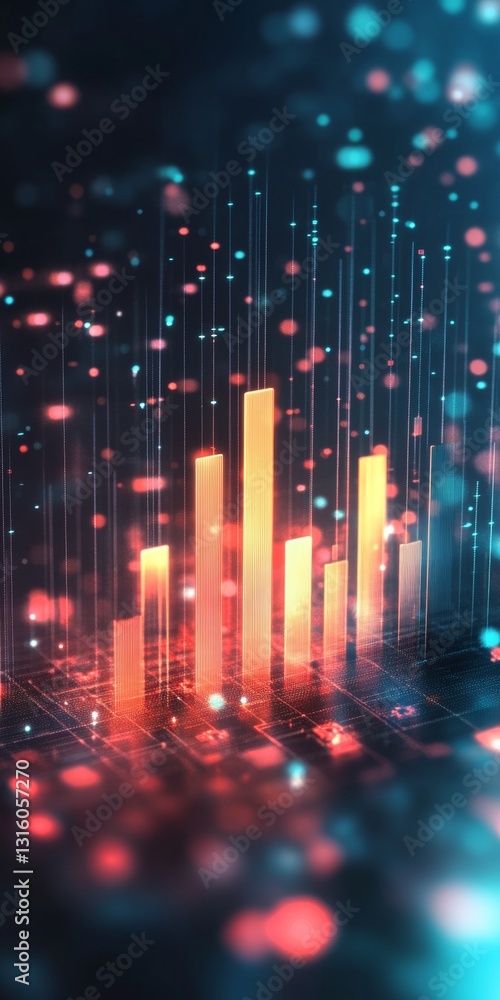 Poster colorful abstract data visualization with illuminated graphs and dynamic lights displaying performan