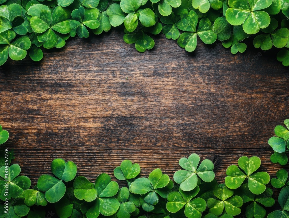 Aufkleber lush green shamrocks frame a rustic wooden surface creating a natural and inviting st patricks day b