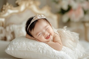 Portrait of a happy, smiling Asian baby girl lying on a white bed in a bedroom, looking at the camera and laughing with an open mouth. Close-up face portrait of a cute,