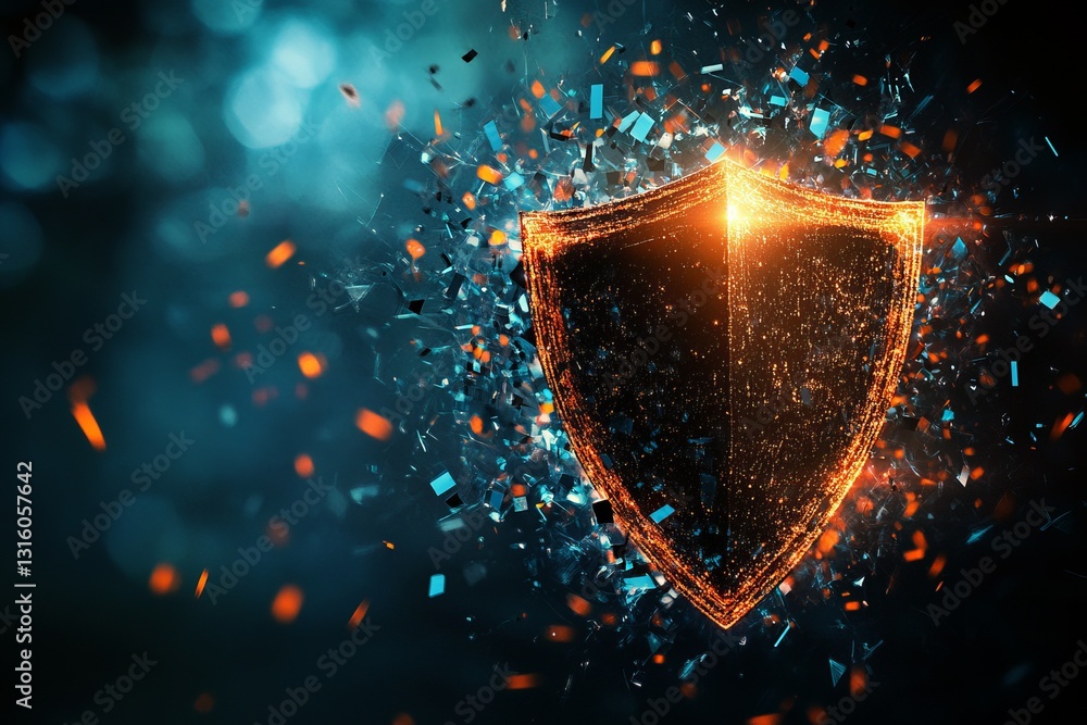 Poster this captivating abstract representation showcases a glowing shield design against a dynamic backgro
