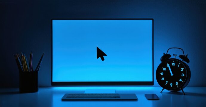 Blinking cursor on blank digital screen with clock in corner warm blue glow symbolizing deadlines writer s block and time running out