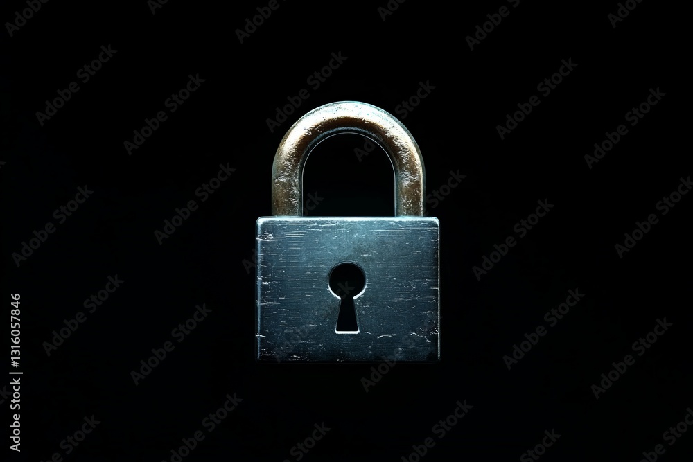 Poster a close-up view of a silver padlock showcasing its solid design against a black background. this ima