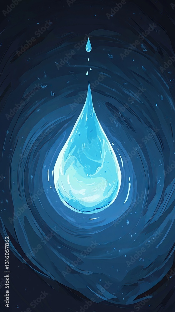 Poster a vibrant blue water drop elegantly descends into a deep dark background, creating a serene and refr