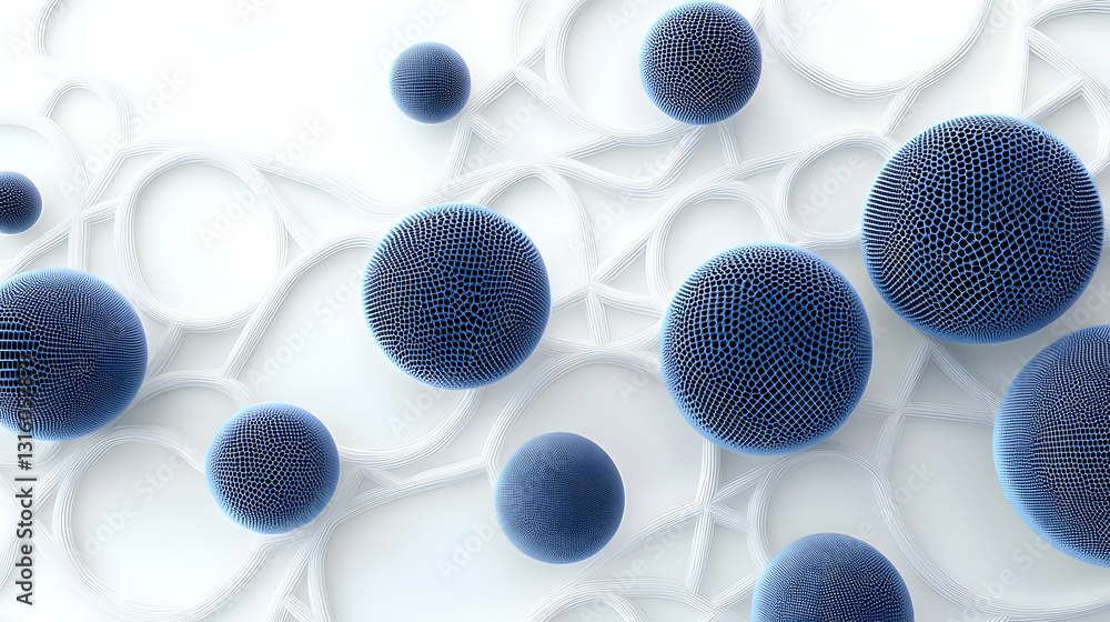 Poster abstract 3d render of interconnected blue spheres with textured surface on a white network backgroun