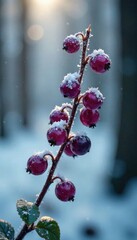 Purple berries on frosted lily of valley branch, winter, forest