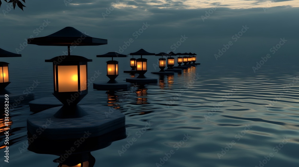 Aufkleber a podium placed on a water surface with floating lanterns reflecting in the calm ripples