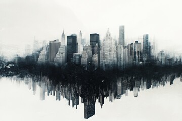 Fototapeta premium A captivating surreal reflection of a modern city skyline in monochrome tones, blending architectural beauty with a dreamlike atmosphere for artistic projects.