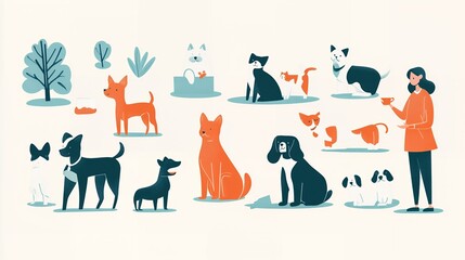 Adorable Dogs Cats Pets Animals Cartoon Illustration Set mug cute icon park girl funny