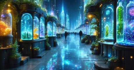 City where dreams are recorded and sold glowing neural interfaces capturing subconscious visions marketplace filled with bottled experiences